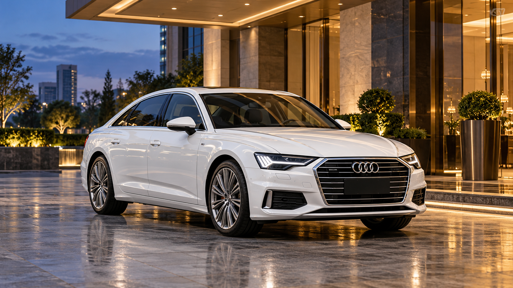 White Audi A6 outside a premium hotel