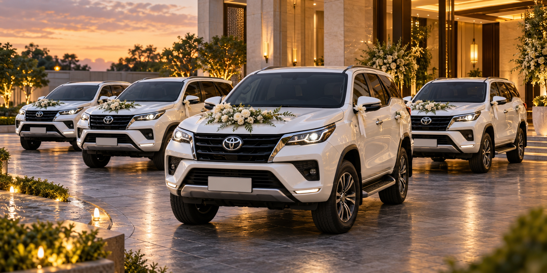 Four white decorated Fortuners for a wedding