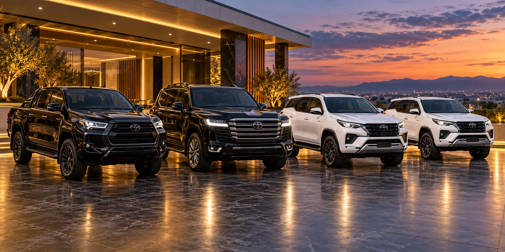 Black Revo and Land Cruiser LC300 with two white Fortuners