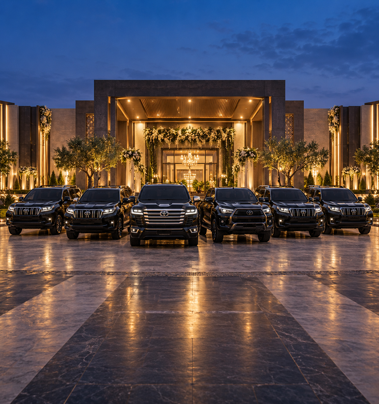 Black Land Cruiser LC300, Revo and four black Prado SUVs at a premium venue
