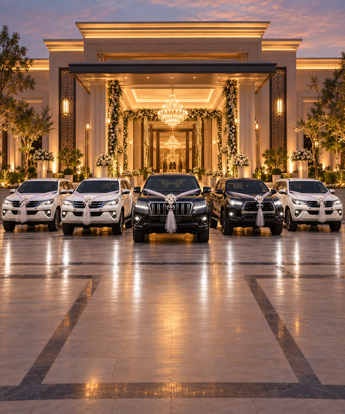 Black Prado, Revo and three decorated Fortuners at a wedding venue