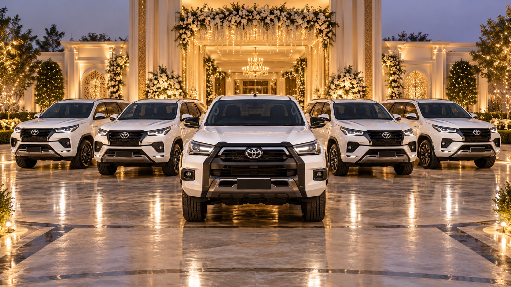 White Revo and Fortuner wedding rental fleet