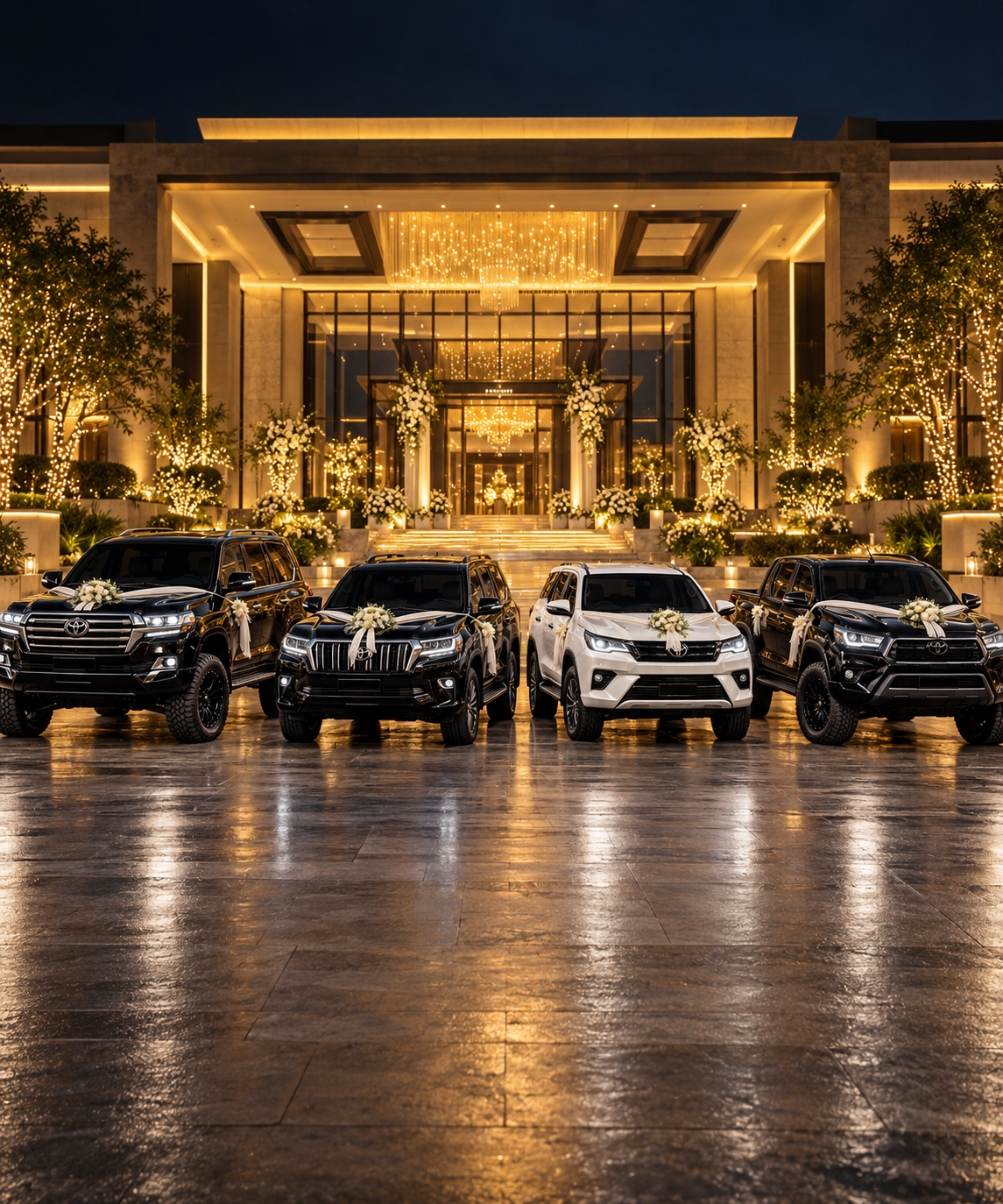 Uplifted Land Cruiser V8, Prado, Fortuner and Revo with wedding decoration