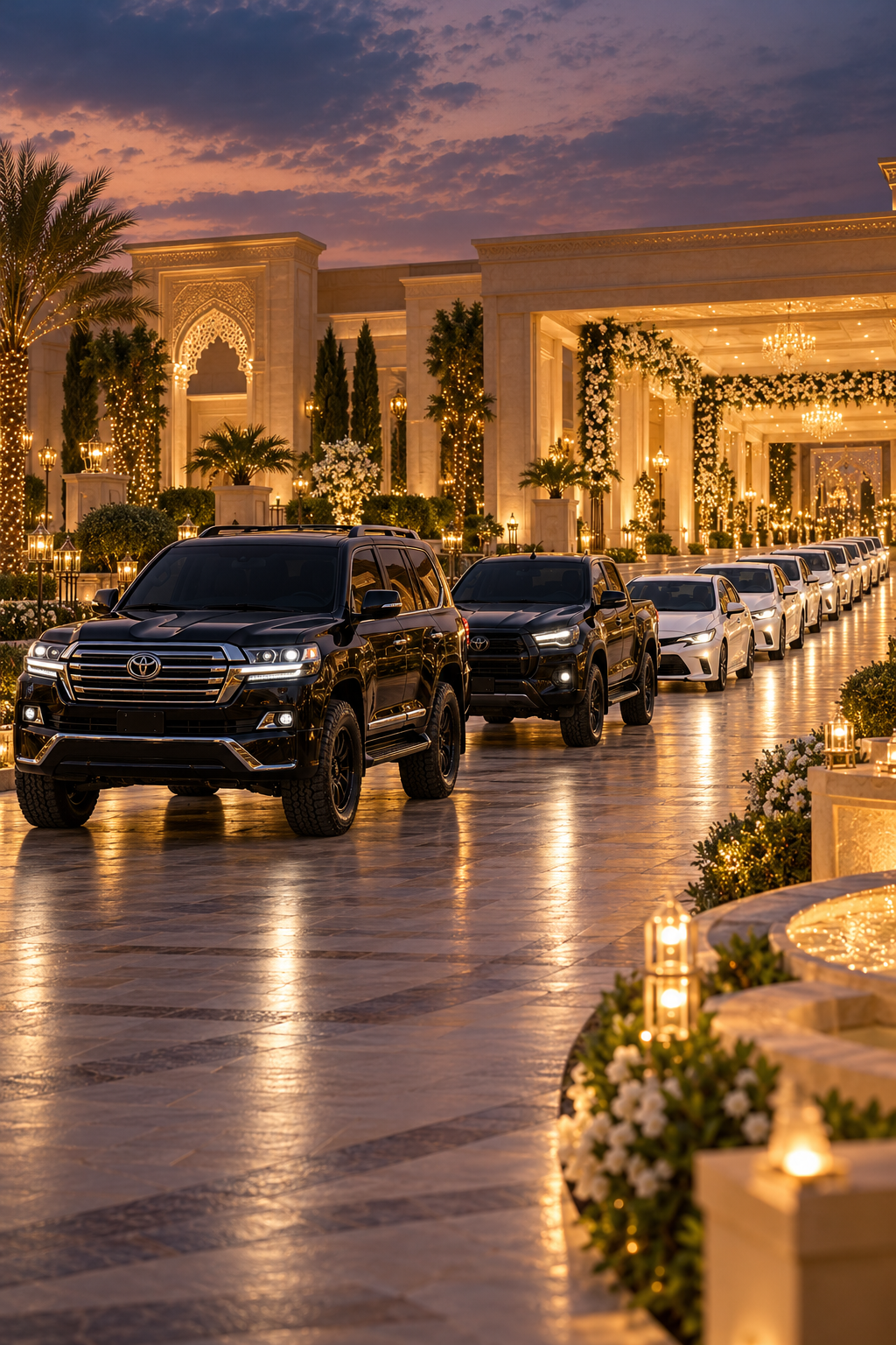 Uplifted Land Cruiser V8, Revo and white Corolla wedding motorcade